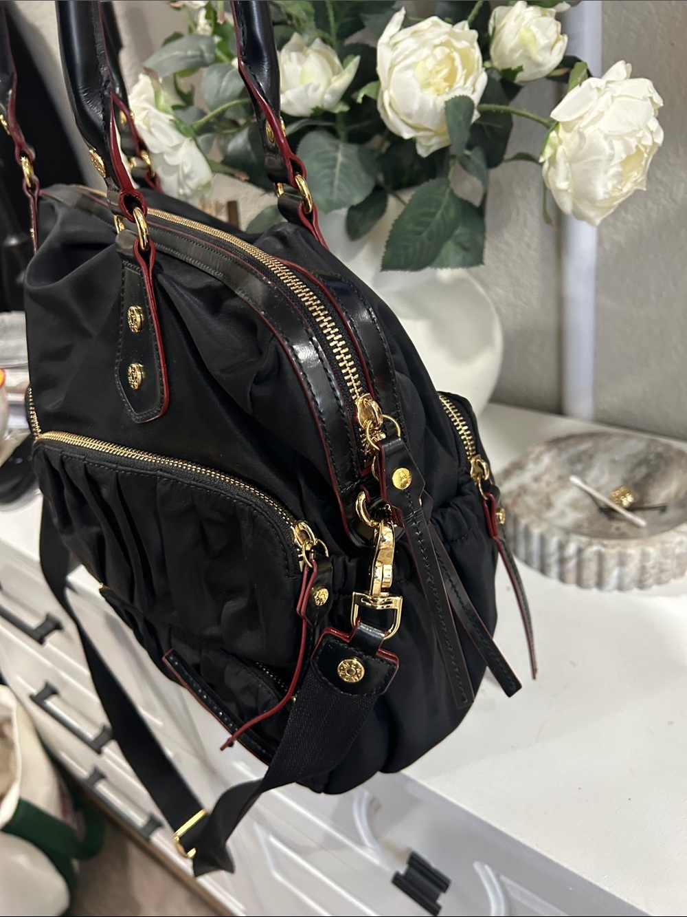 MZ Wallace Black Women’s Gathered Nylon laptop Tote Bag with Gold Hardware - Picture 3 of 11